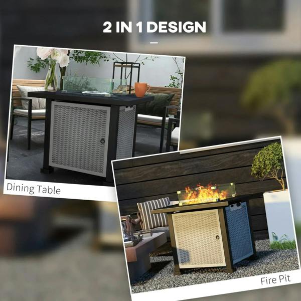Grey gas fire pit table with woven doors and glass top, outdoor patio styling