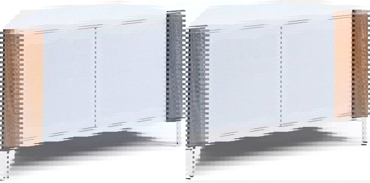 MDA Designs CORVUS Corner-Friendly Gloss White Contemporary Cabinet with Walnut Profiles White BeamThru Glass Doors for Flat Screen TVs up to 50"