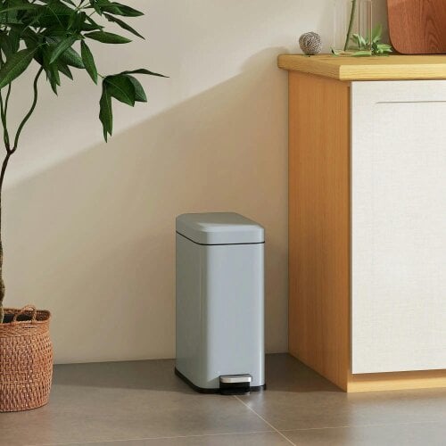 Bobobiy 5L Rectangular Compact Bin Steel Body Removable Bucket Quiet-Close Lid with Pedal Lid Rubbish Trash Can Office Bedroom Bathroom Living Grey