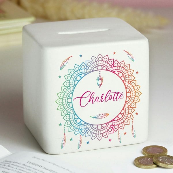 Personalised Memento Company Personalised Dreamcatcher Ceramic Square Money Box