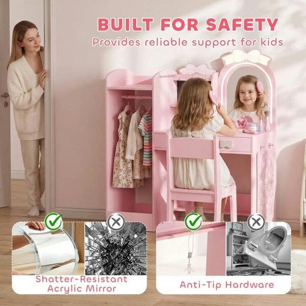 Kids Dressing Table, 3-in-1 Kids Vanity Set with Stool, 2-Colour Lights Mirror, Clothes Rack for Ages 3-8, Pink