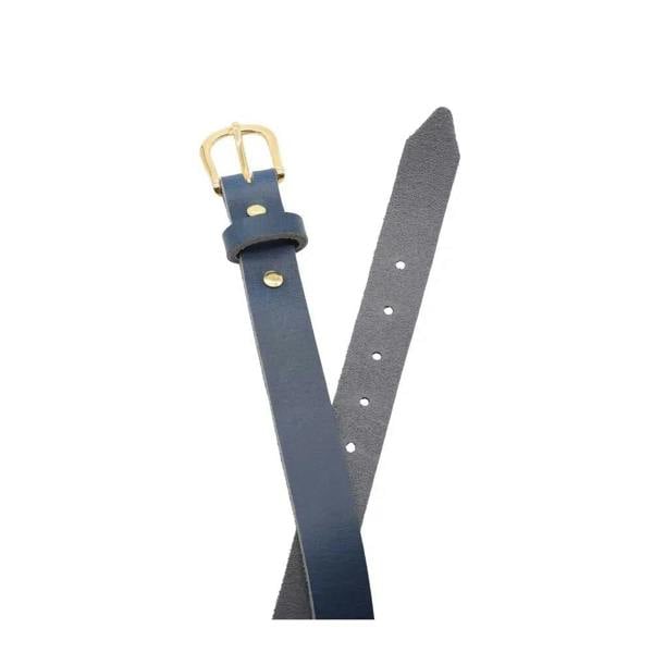 Top angle view of Navy leather belt with gold buckle on a white background