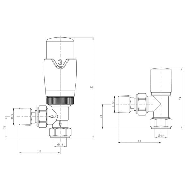Flode Angled Round Thermostatic Radiator Valve Pack | 15mm x 1/2" | Brushed Steel