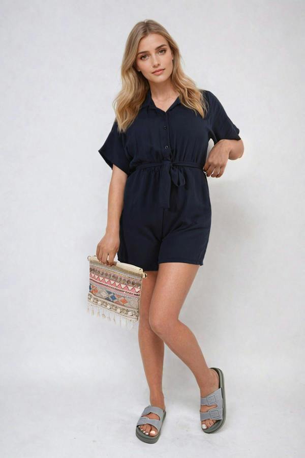 Brenda Buttoned Tie Waist Romper - Navy