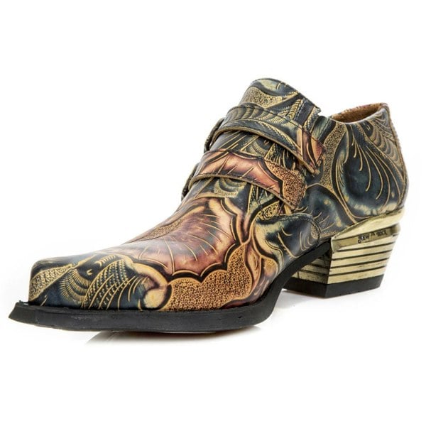 New Rock M-7960-s14 Embossed Vintage Shoes Black Leather Buckle Steel Heel