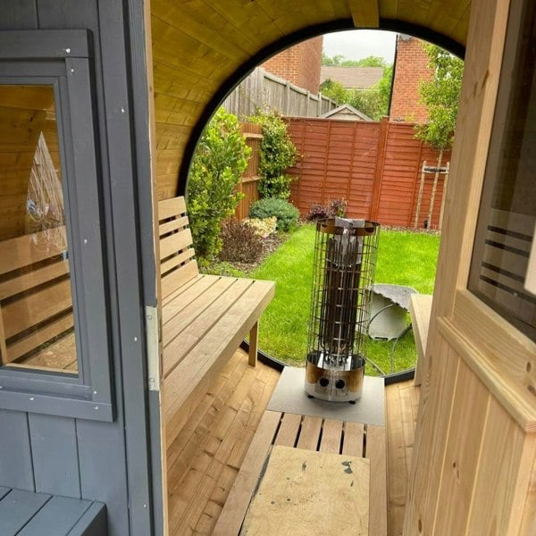 400cm Spruce Barrel Sauna | Thermowood | Terrace | Wood-Fired or Electric.