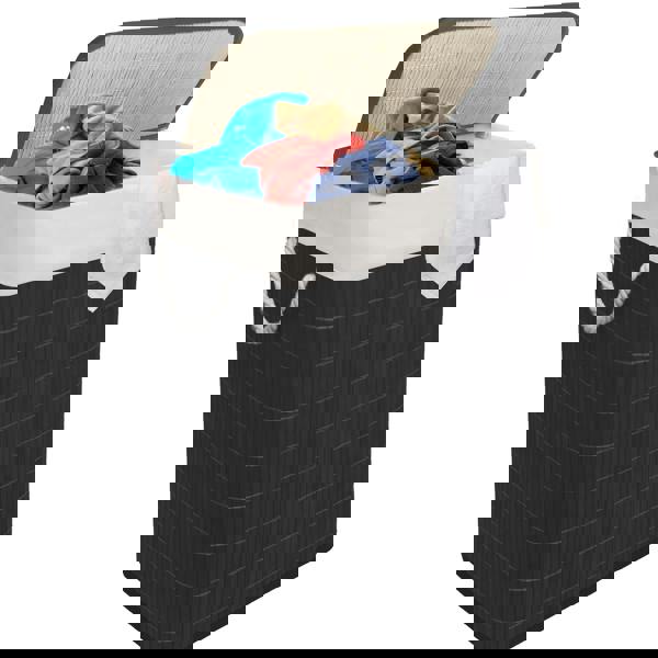 MANTRARAJ Bamboo Laundry Basket 105L Laundry Hamper with Lid Foldable Laundry Bin with 2 Compartments Black