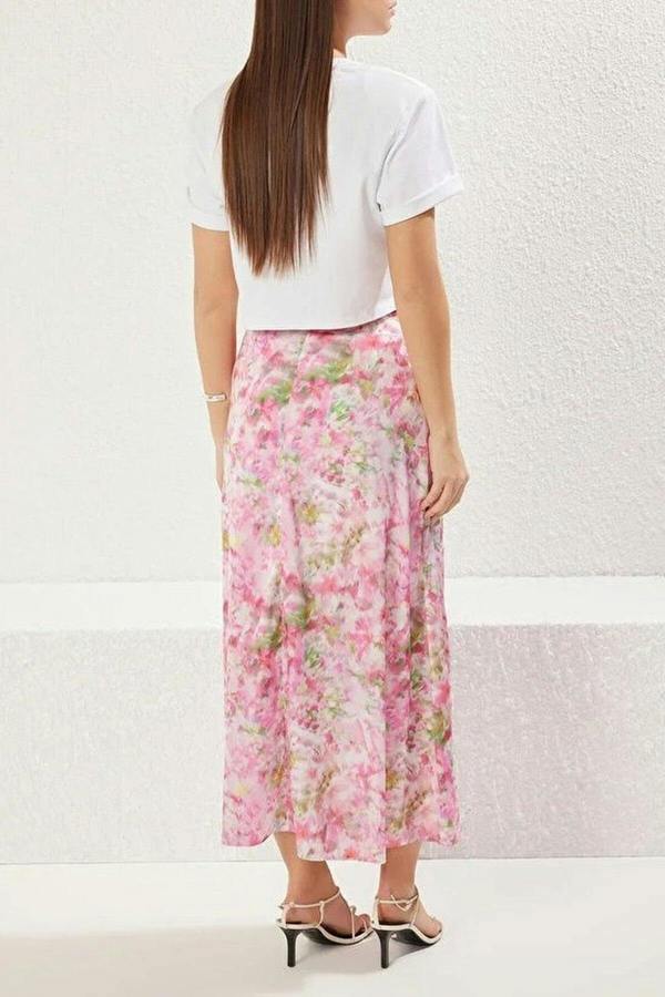 WOVCOR Floral Patterned Satin Fabric A-line Fit Midi Woven Skirt