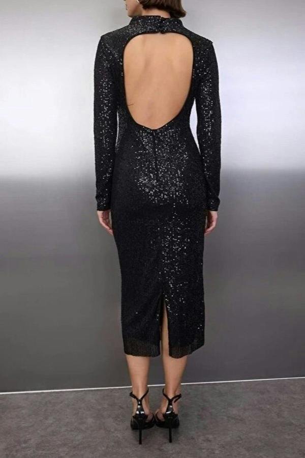 WOVCOR Sequin Midi Lined Evening Dress with Tie Detail