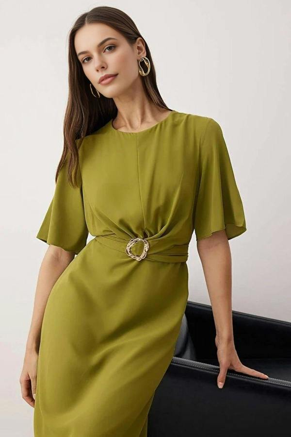 WOVCOR Midi Woven Dress with Accessory Details
