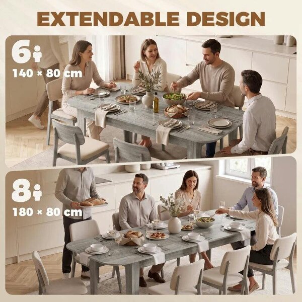 Extendable Oval Dining Table for 4-6, Modern Expandable Kitchen Table, Round Edges, Grey Wood Effect