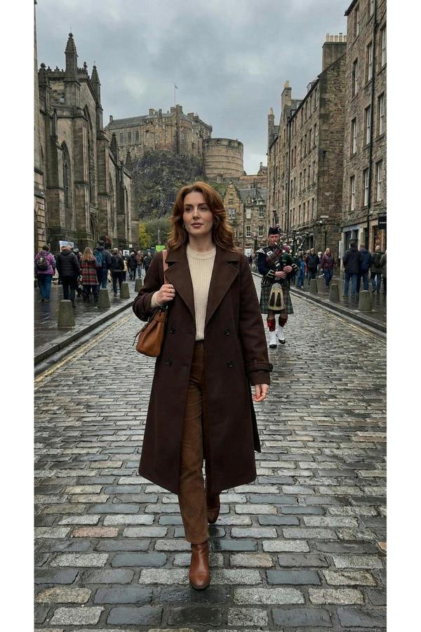 Avlina Double Breasted Belted Longline Coat - Brown