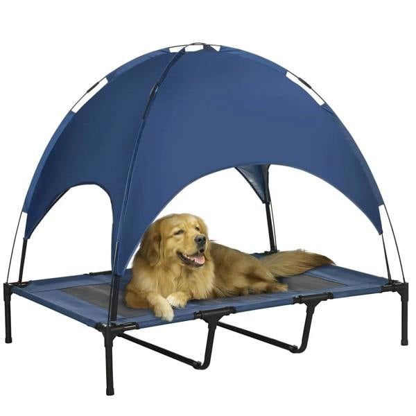 Blue raised dog bed cot with arched canopy and breathable mesh panels, black steel legs