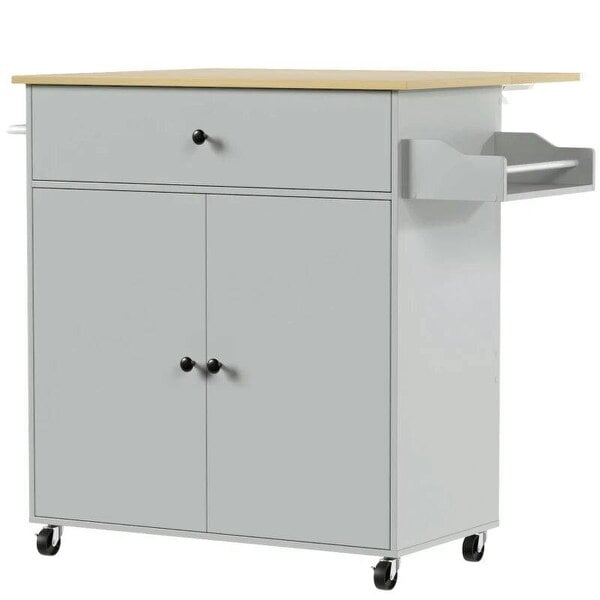 Kitchen Island with Drop Leaf, Rolling Kitchen Storage Trolley on Wheels with Drawer, Spice Rack and Towel Rack, Grey