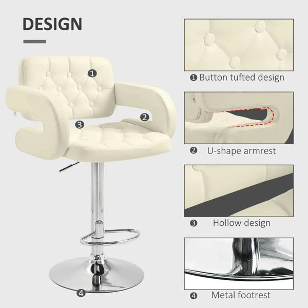 Beige upholstered bar stool with button-tufted back, U-shaped armrests, chrome footrest