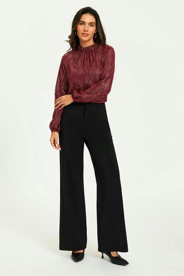 FS Collection Gold Stripe Foil Long Sleeve Frill High Neck Top In Wine