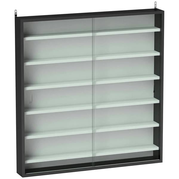 Black six-shelf display cabinet with clear glass doors and multiple interior shelves