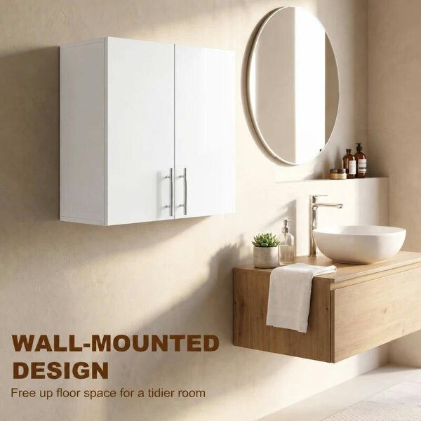Bathroom Wall Cabinet, Wall-Mounted Bathroom Storage Cabinet with 2 Doors, Adjustable Shelf, High Gloss White