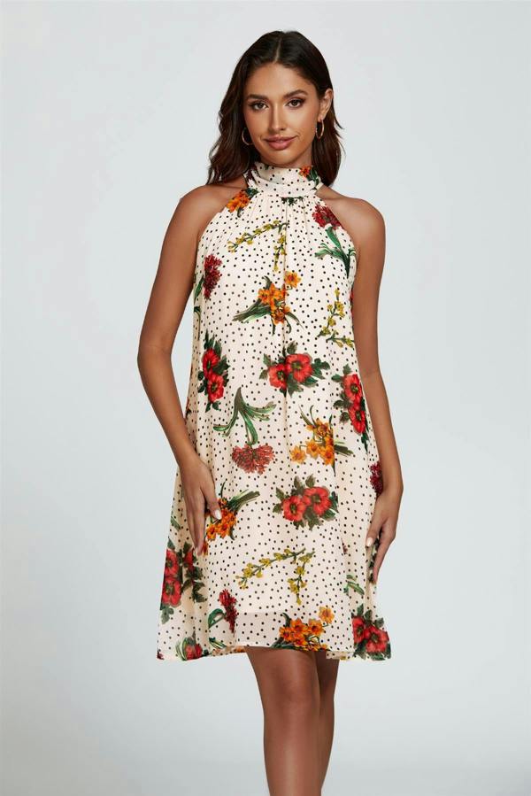 FS Collection Floral Print Halter Neck Tie Back Mini Dress In Off White