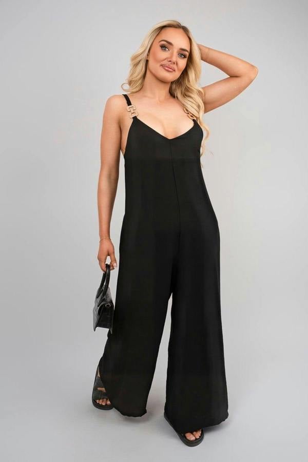 Yalina Scoop Neck Wide Leg Sleeveless Jumpsuit With Strap Detail - Black