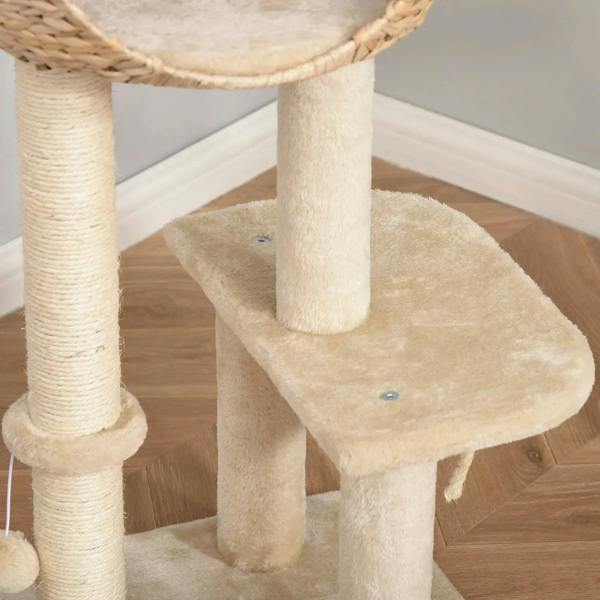Beige cat tree lower platform with two sisal-wrapped posts and support base