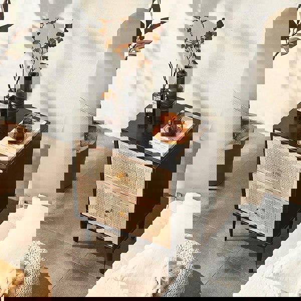 Tsaatan Wood Bedside Table, Rattan, Black-Weilai Concept-Weilai Concept