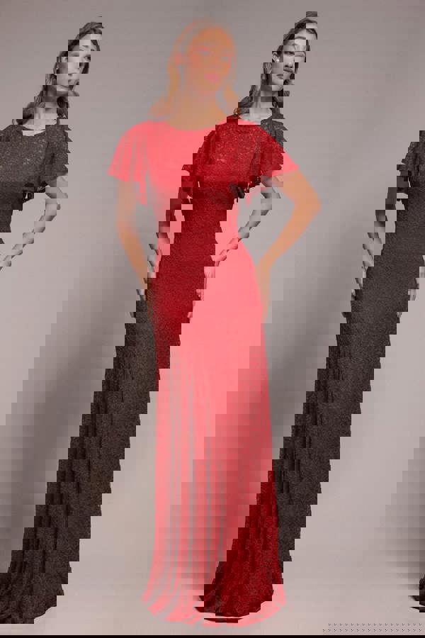 Flutter Sleeve Lace A-Line Maxi Dress - Red DR4361