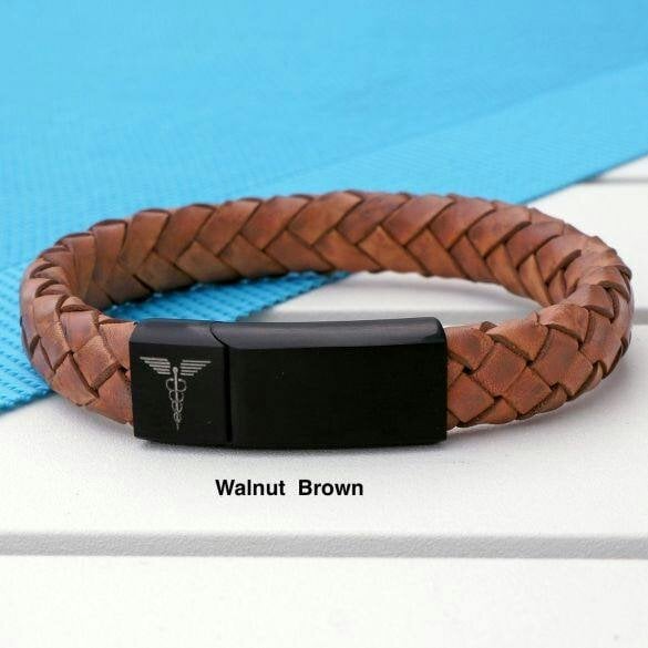 Christopher James of London Unisex Leather and Stainless Steel Medic Bracelet with Free Engraving - Walnut Brown