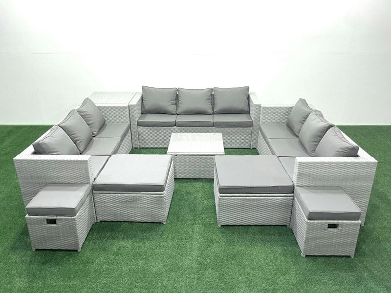 Fimous Garden Outdoor Furniture Set 14 Seater Rattan Sofa Set with Side Table 4 Footstools Light Grey Mixed