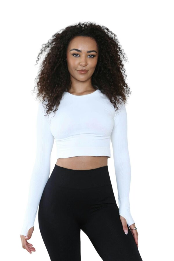 Elaina Fashion Women's Round Neck Tie-Dye Rib Seamless Slim Fit Crop Top Activewear  - White - 85% Nylon & 15% Spandex