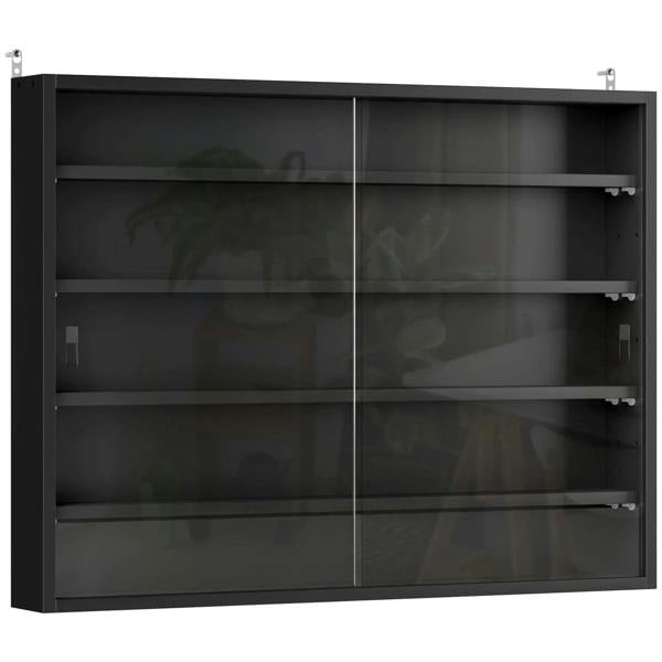 Black wall display cabinet with glass doors, 5 open shelves and adjustable inserts