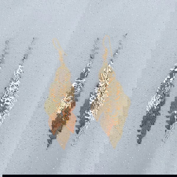 gold dangly earrings boho earrings leaf drop