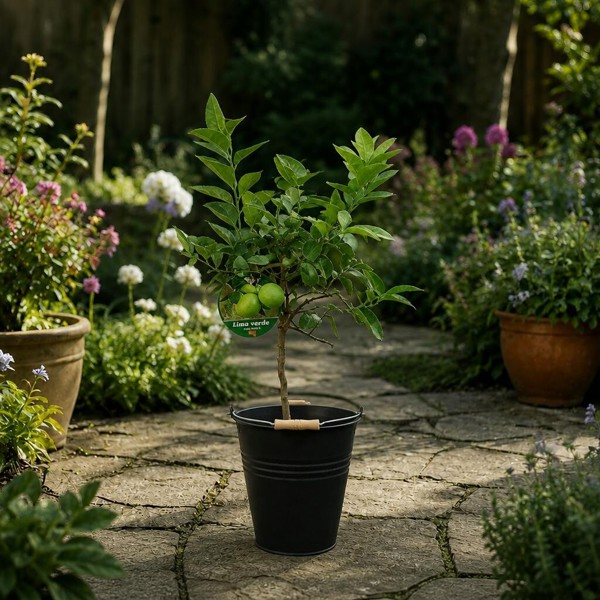 Citrus Lime Tree in Rustic Bucket - Hardy Fruit Tree for Homegrown Limes - Black Pail