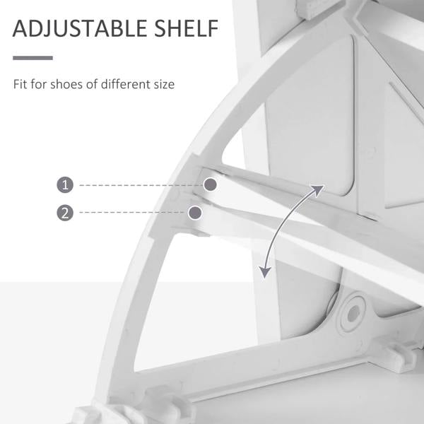 Adjustable white shoe shelf insert with hinged support for different shoe sizes