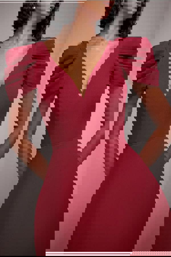 Plunging Neck Pleated Sleeve Scuba Mini Dress - Burgundy Red DR4798