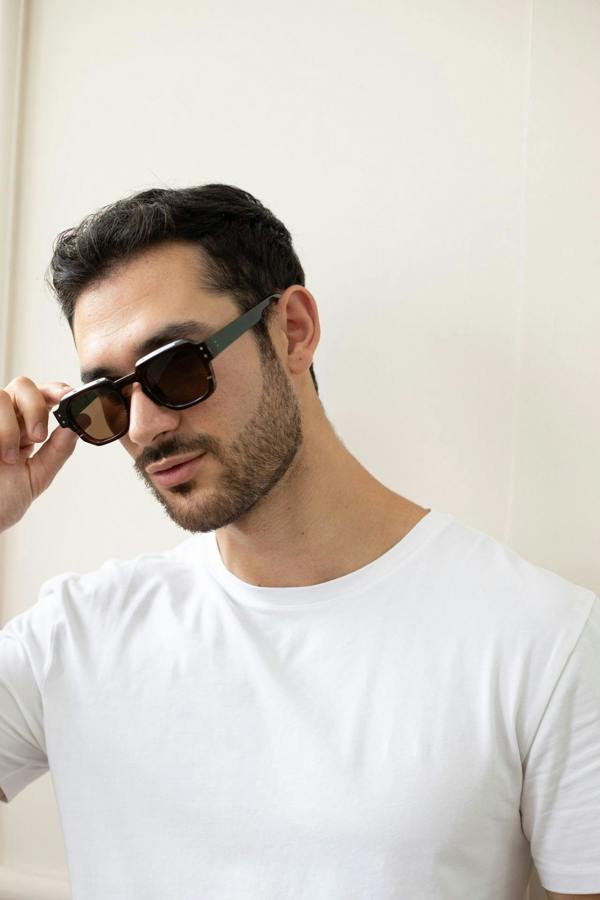 Angular Wayfarer Style Sunglasses in Brown with Green Arms - svnx
