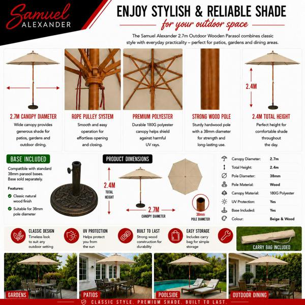 Samuel Alexander 2.7m Outdoor Wooden Garden Parasol Sun Shade with Carry Bag in Cream with 9kg Base Included