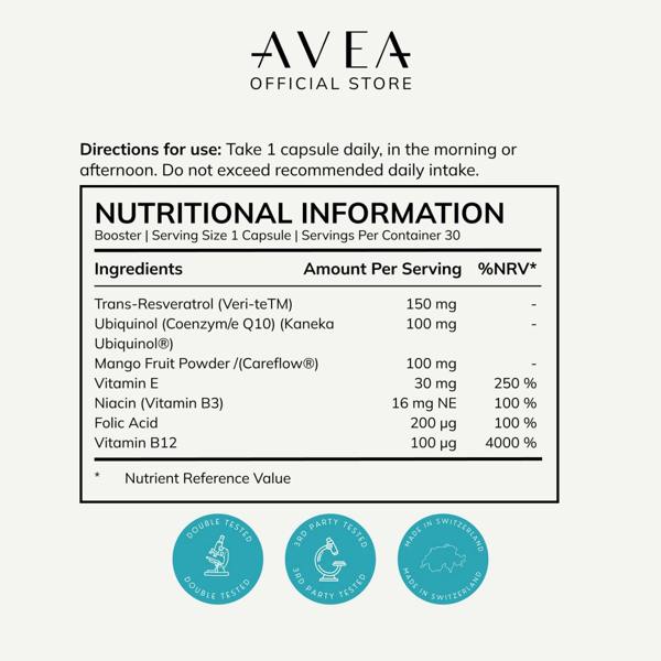 AVEA NAD+ Booster (30 capsules) | Antioxidants Supplement | Swiss Quality | Works with NAD+ Vitaliser to replenish NAD+ Level