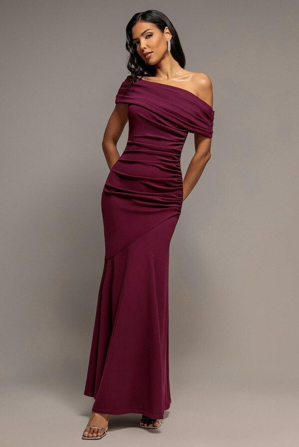 Goddiva Pleated One Shoulder Bardot Fit And Flare Maxi Dress - Plum by Goddiva