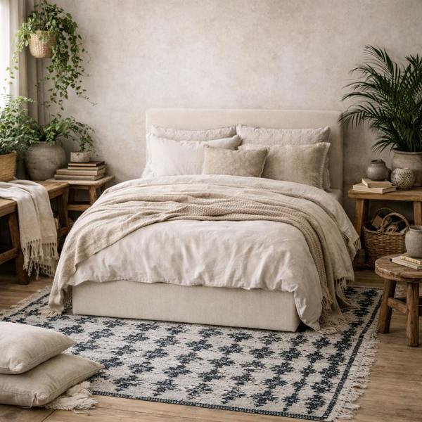 Wyld Haus Portarlington Upholstered Ivory Twill 4ft6 Double Size Bed with Headboard