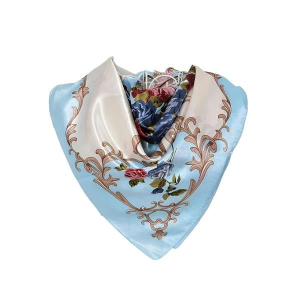 Anyyou Fashion Premium Satin Square Scarf – Roses Blue Silk-Feel Neckwrap for Women