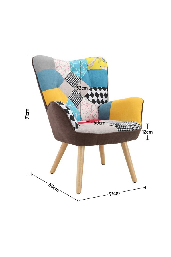 Living and Home Patchwork Tufted Button Linen Accent Chair with Wooden Legs
