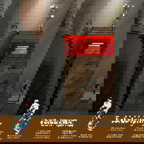 Levede Bedside Table Nightstand USB Charger Outlet RGB LED 3 Drawers Storage