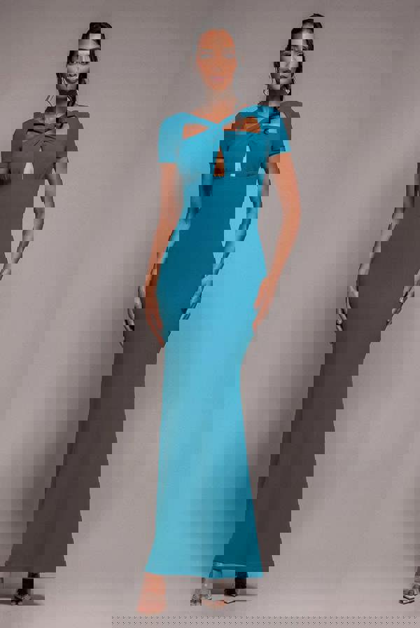 Scuba Crepe Twist Cutout Maxi Dress - Teal Blue DR4374