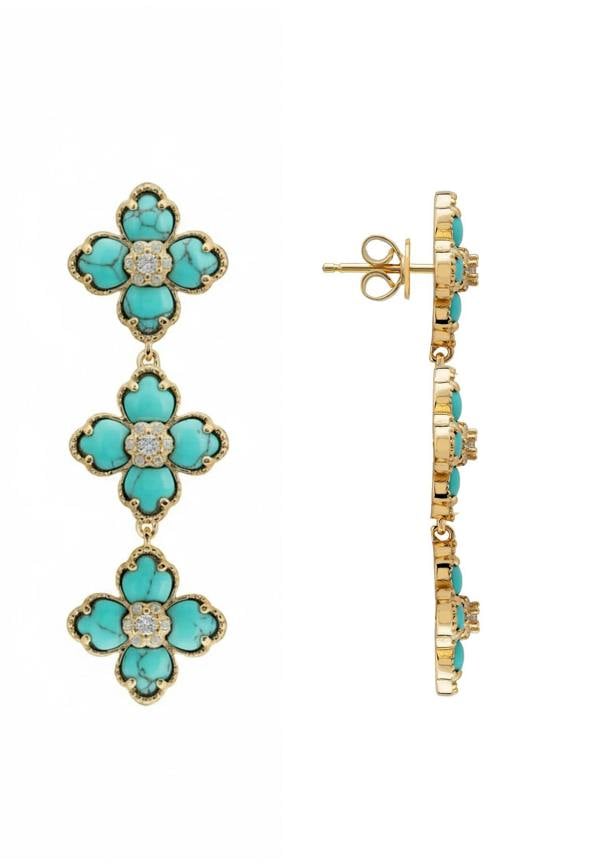 Gold and turquoise flower-shaped earrings on a white background
