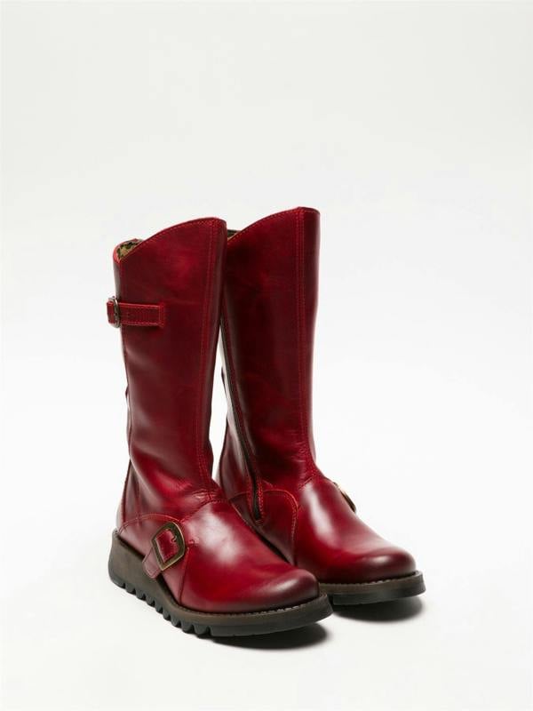 Fly London Womens Red MES 2 Wedge Heel Buckle Mid-Calf Leather Zip Platform Boots