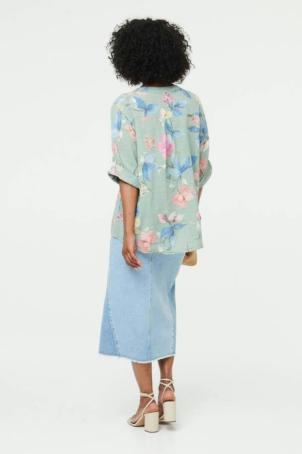 Sage | Floral Curve Hem Turn-Up Sleeve Blouse