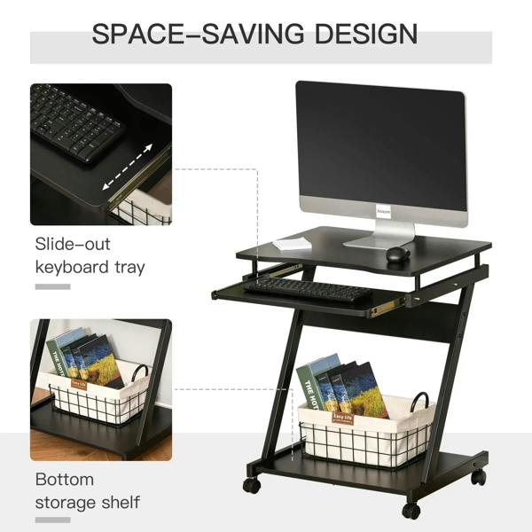 Black desk workstation with slide-out keyboard tray and bottom storage shelf on wheels