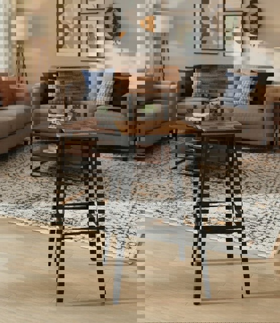 Modcraft Bar Stool Set of 2 Rustic Brown & Black Industrial Kitchen Chairs with Backrest & Footrest