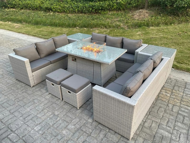 Fimous Rattan Garden Furniture Set with Gas Fire Pit Heater Table, 3 Sofas, 2 Side Tables, 2 Foot Stools - 11 Seater - Light Grey